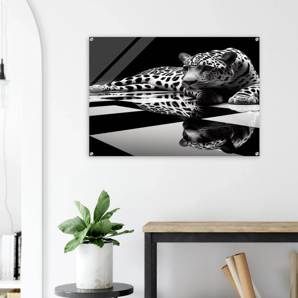 Leopard Acrylic Print on Black and White Checkered Floor – Glossy Finish Wall Art