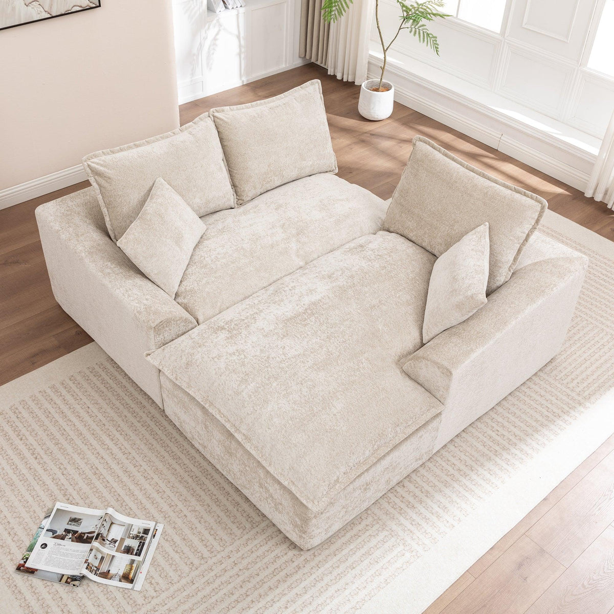 Ivory Chenille L‑Shaped Modular Sectional Compressed Sofa