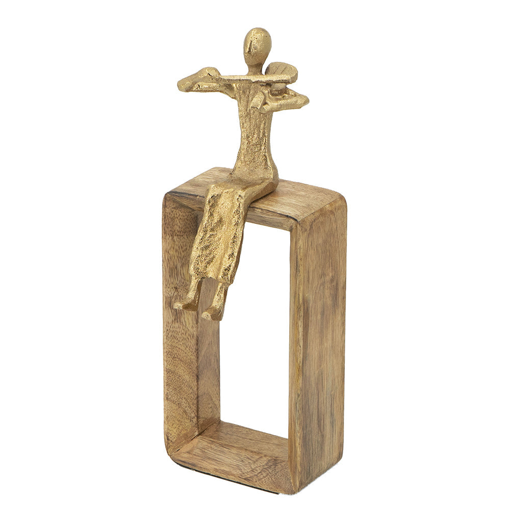 Musician Figure Sculpture with Mango Wood Base Decorative Tabletop Accent
