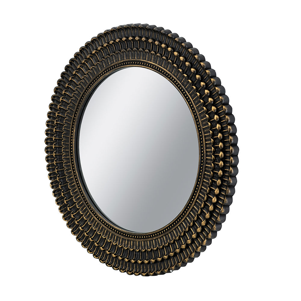 D26.5' Round Black And Gold Wooden Accent Mirror With Woven Texture