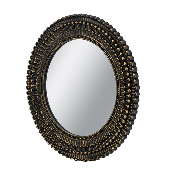 D26.5' Round Black And Gold Wooden Accent Mirror With Woven Texture