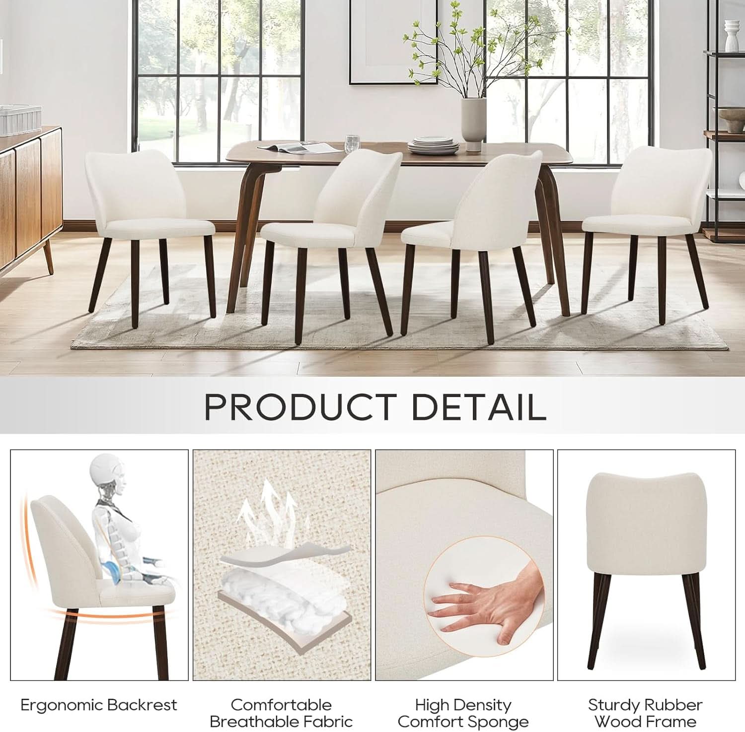 Beige Upholstered Dining Chairs With Wood Legs Set Of 6
