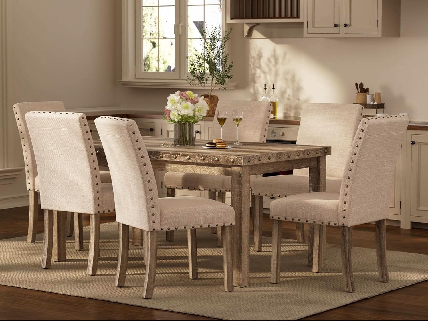 Rustic Dining Table Set Six NailheadAccents Chairs