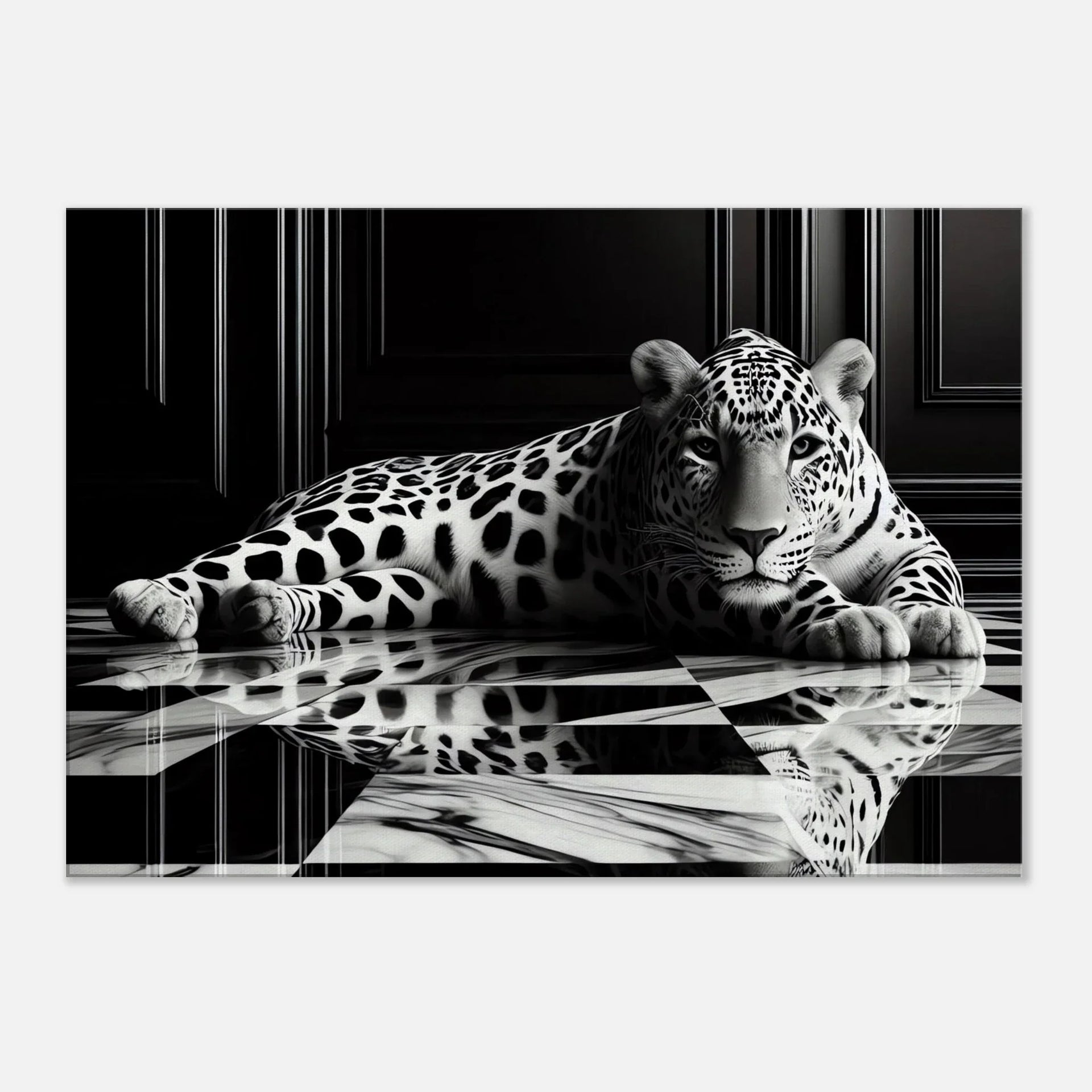 Leopard Canvas Art Print – Striking Design on Black & White Checkered Marble Floor