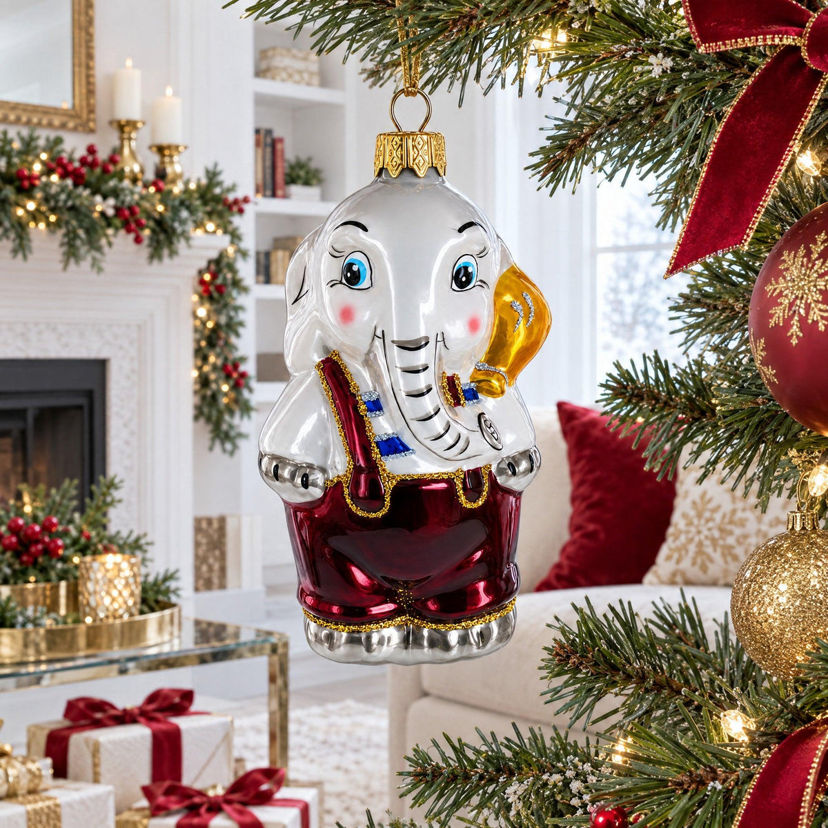 Elephant In Red Outfit Glass Christmas Ornament