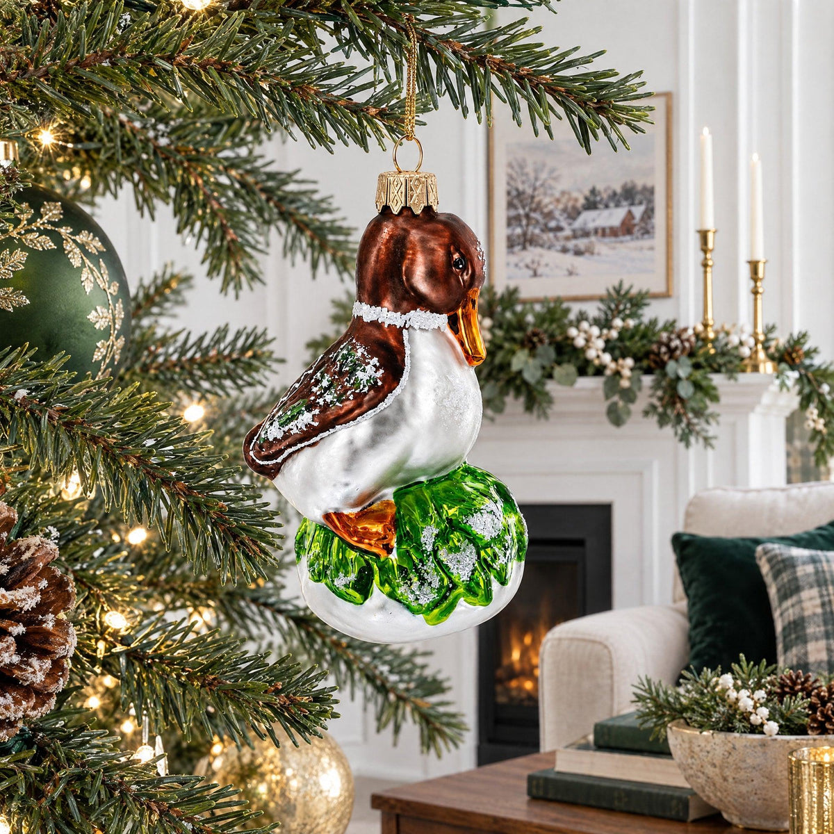 Brown Headed Duck on Grass Glass Christmas Ornament
