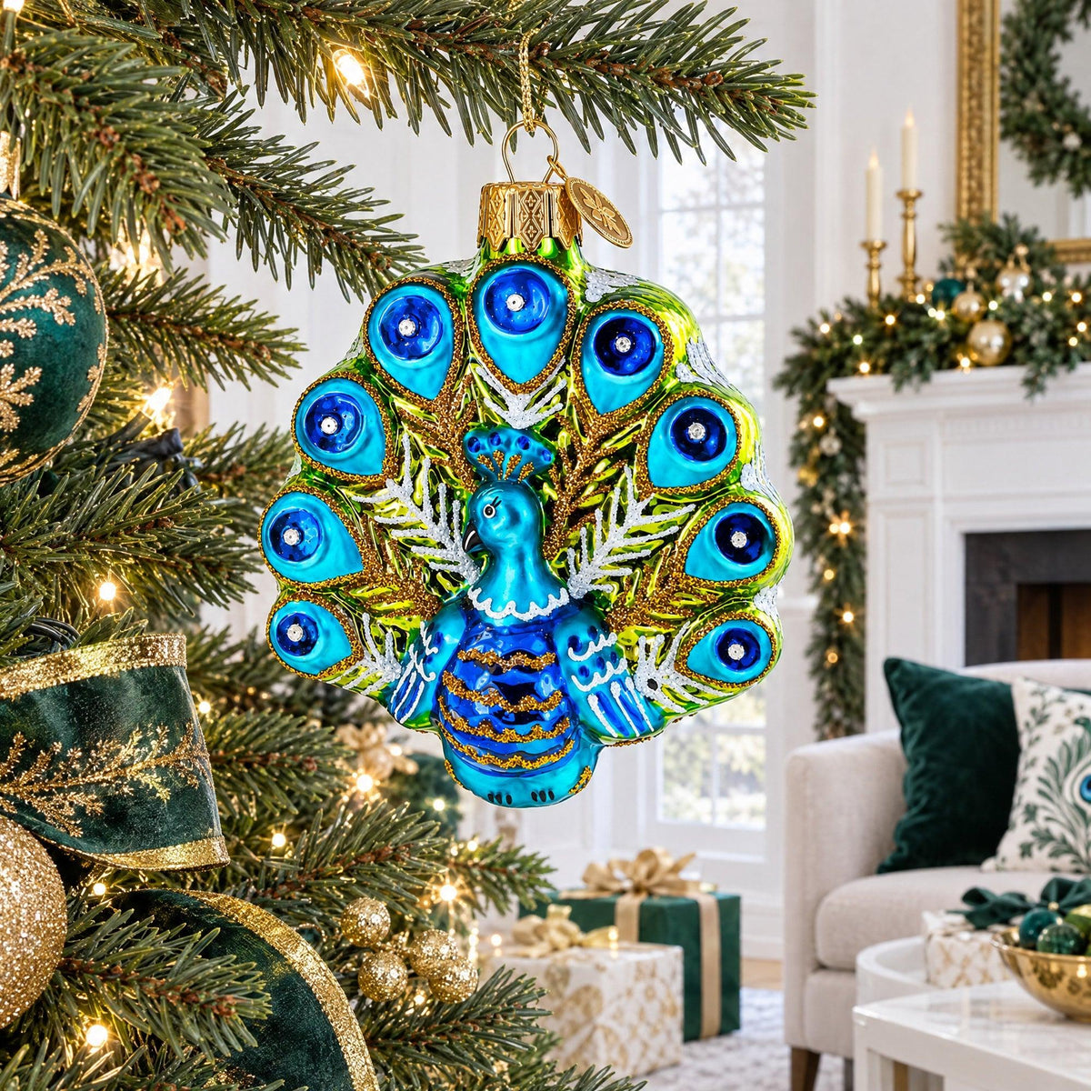 Festive Peacock Glass Christmas Ornament