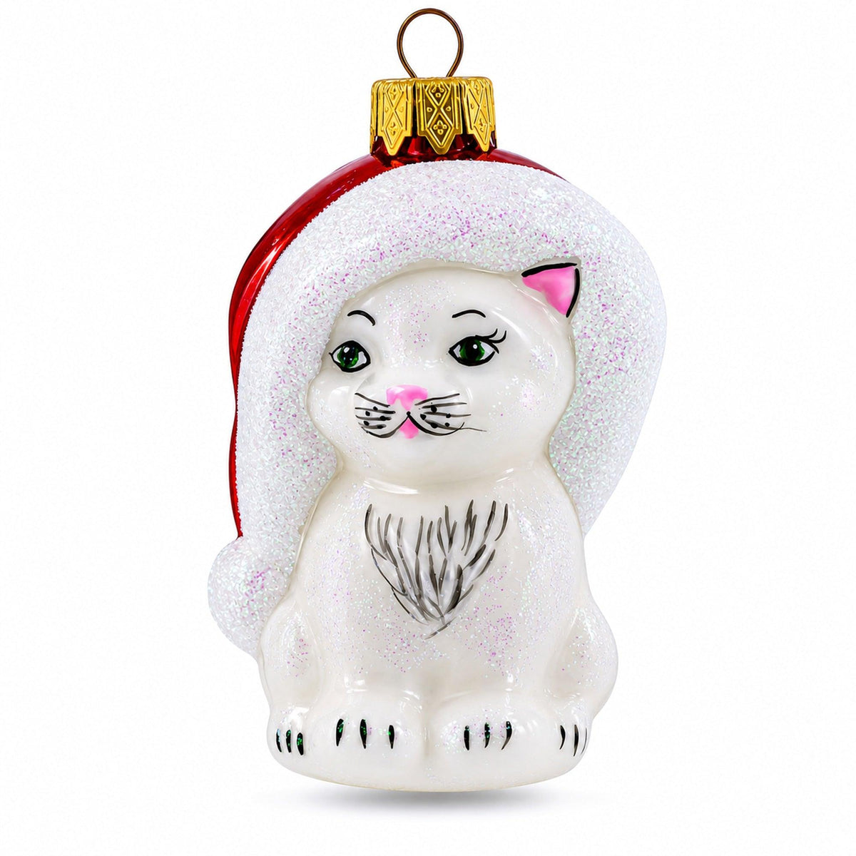 White Cat In Santa Hat Glass Christmas Ornament
