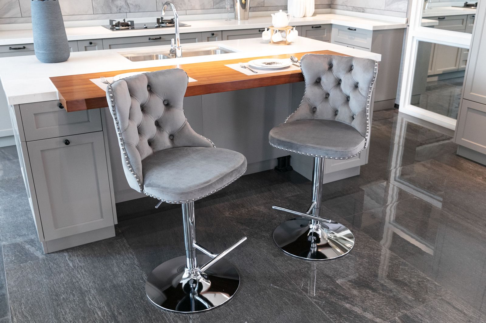 A&A Furniture,Swivel Velvet Barstools Adjusatble Seat Height from 25-33 Inch, Modern Upholstered Chrome base Bar Stools with Backs Comfortable Tufted for Home Pub and Kitchen Island(Gray,Set of 2)
