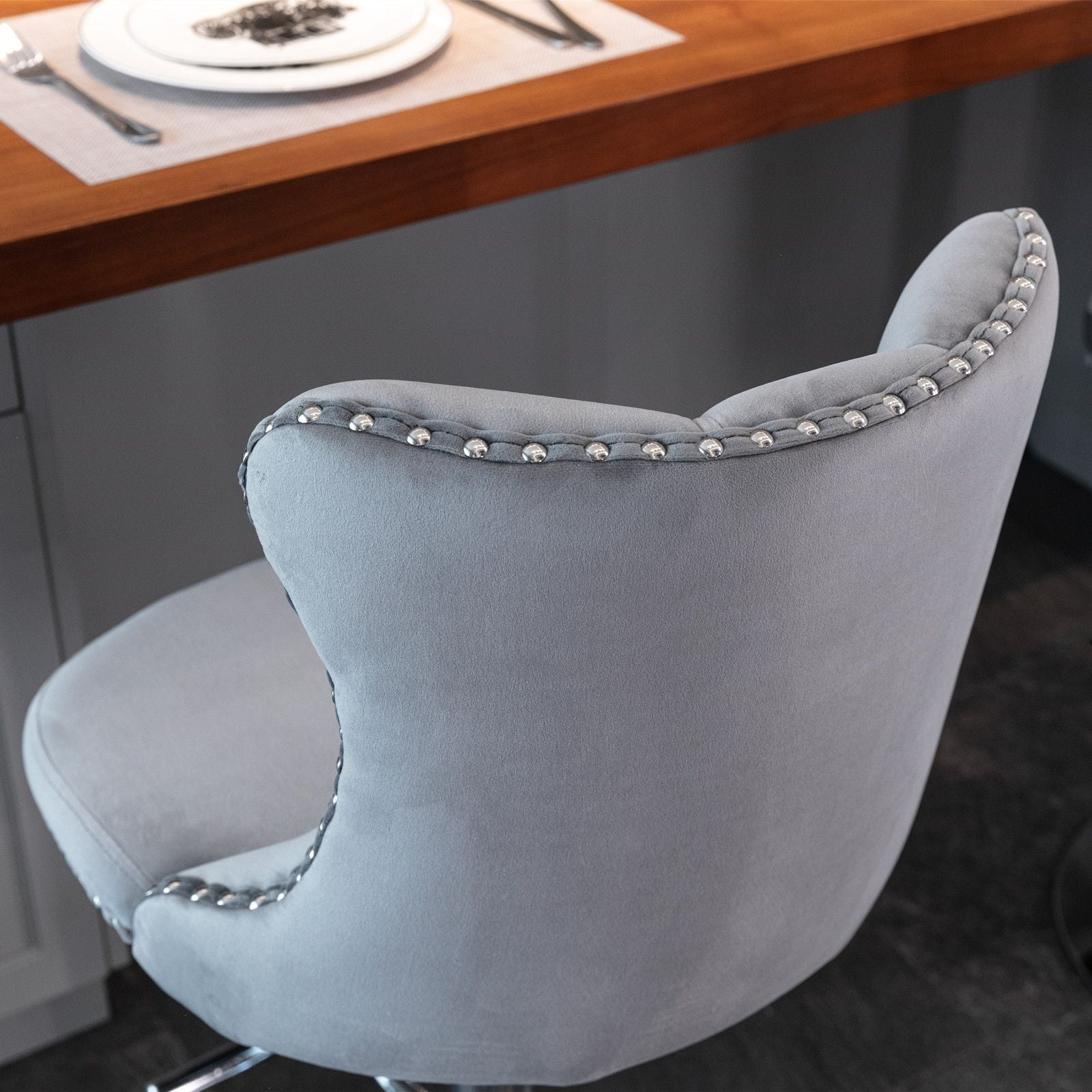 A&A Furniture,Swivel Velvet Barstools Adjusatble Seat Height from 25-33 Inch, Modern Upholstered Chrome base Bar Stools with Backs Comfortable Tufted for Home Pub and Kitchen Island(Gray,Set of 2)