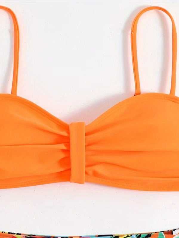 Bikini Tangerine Red Tropical Floral High Waist 2 Piece Swimsuit for Women – Stretchy Off the Shoulder Lace Up Bikini Set with Tummy Control and Customized Fit – Vibrant Summer Beachwear for Vacation Poolside and Resort Looks