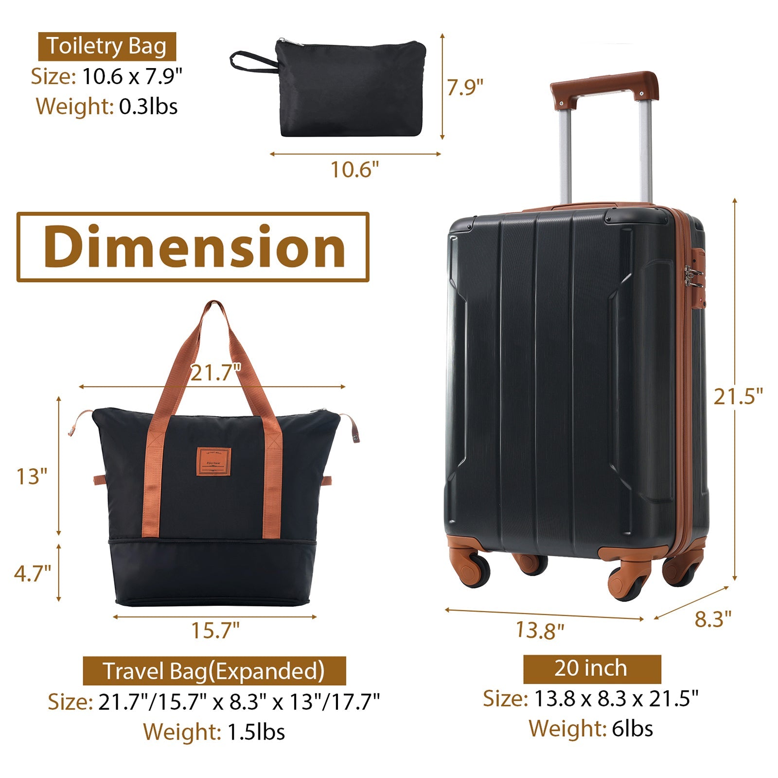 Hardshell Luggage Sets 3 Piece Carry-on Suitcases with Wheels, TSA Lock for Men Women, Black Brown (20in)