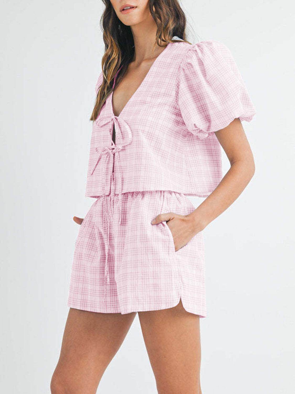 V-Neck Puff Sleeve Top and Shorts Set for Women Fashion