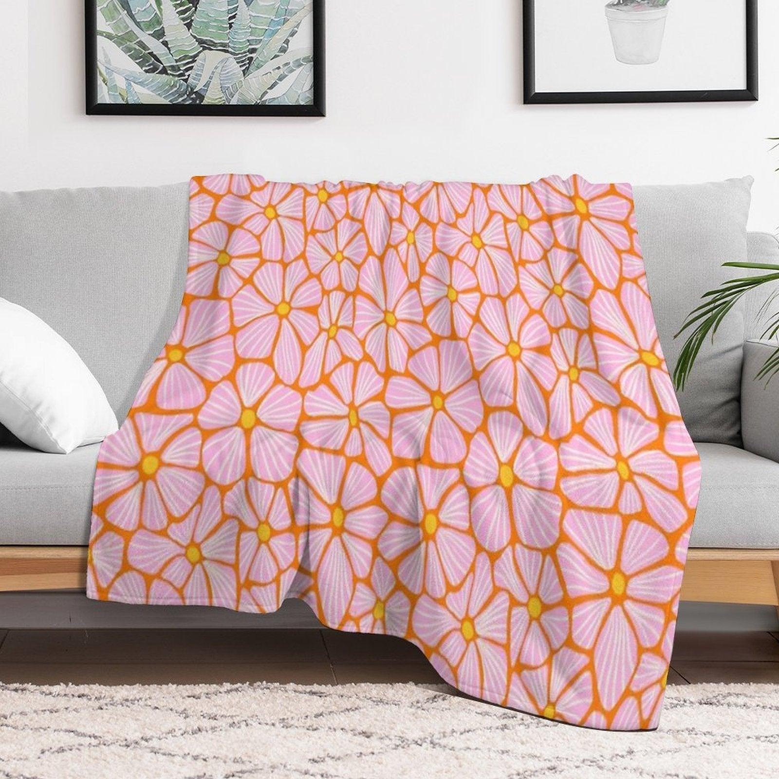 Flower Power Seventies Sixties Hippie Flowers Pattern Orange Pink Throw Blanket