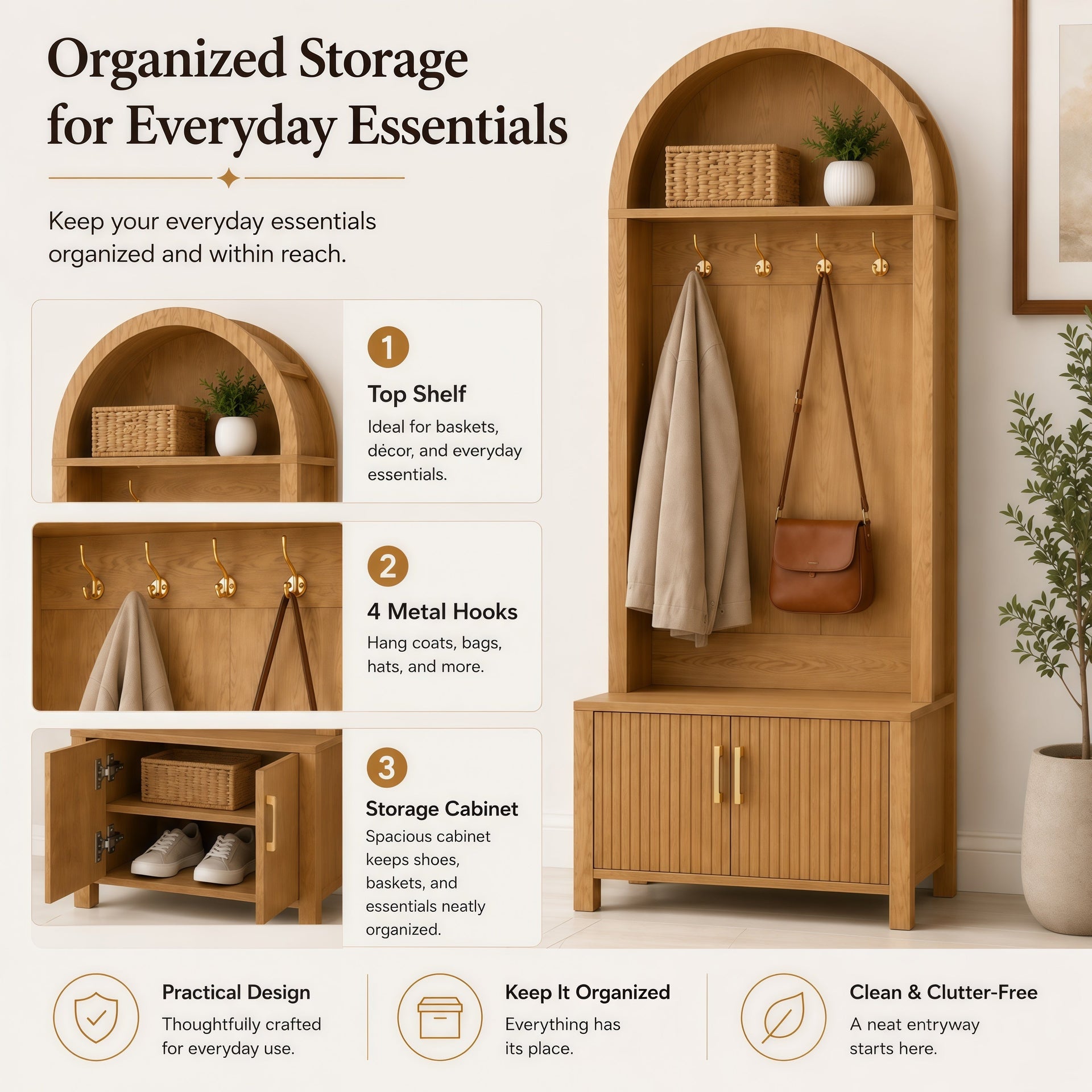 Farmhouse Hall Tree with Storage Bench & Cabinet – Entryway Organizer with Coat Hooks