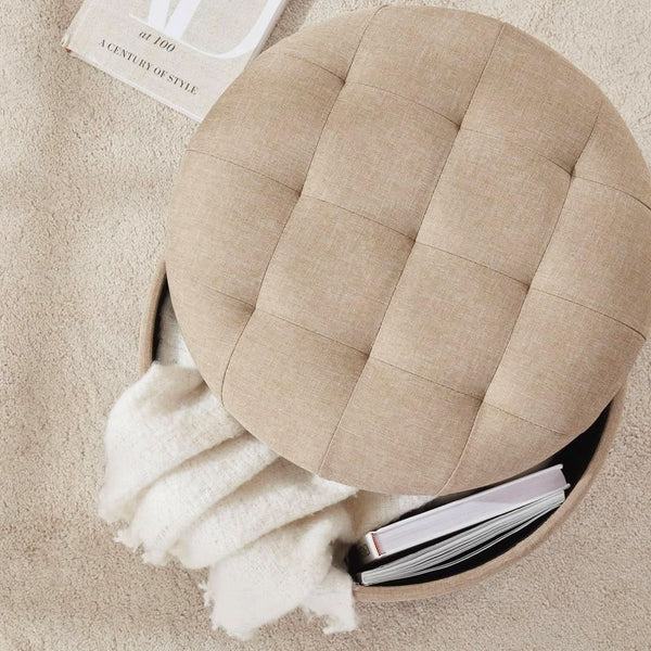 Linen Beige Round Storage Ottoman Living Space Bundle
