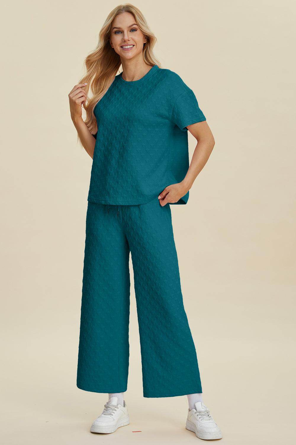 Double Take Full Size Texture Round Neck Top and Pants Set