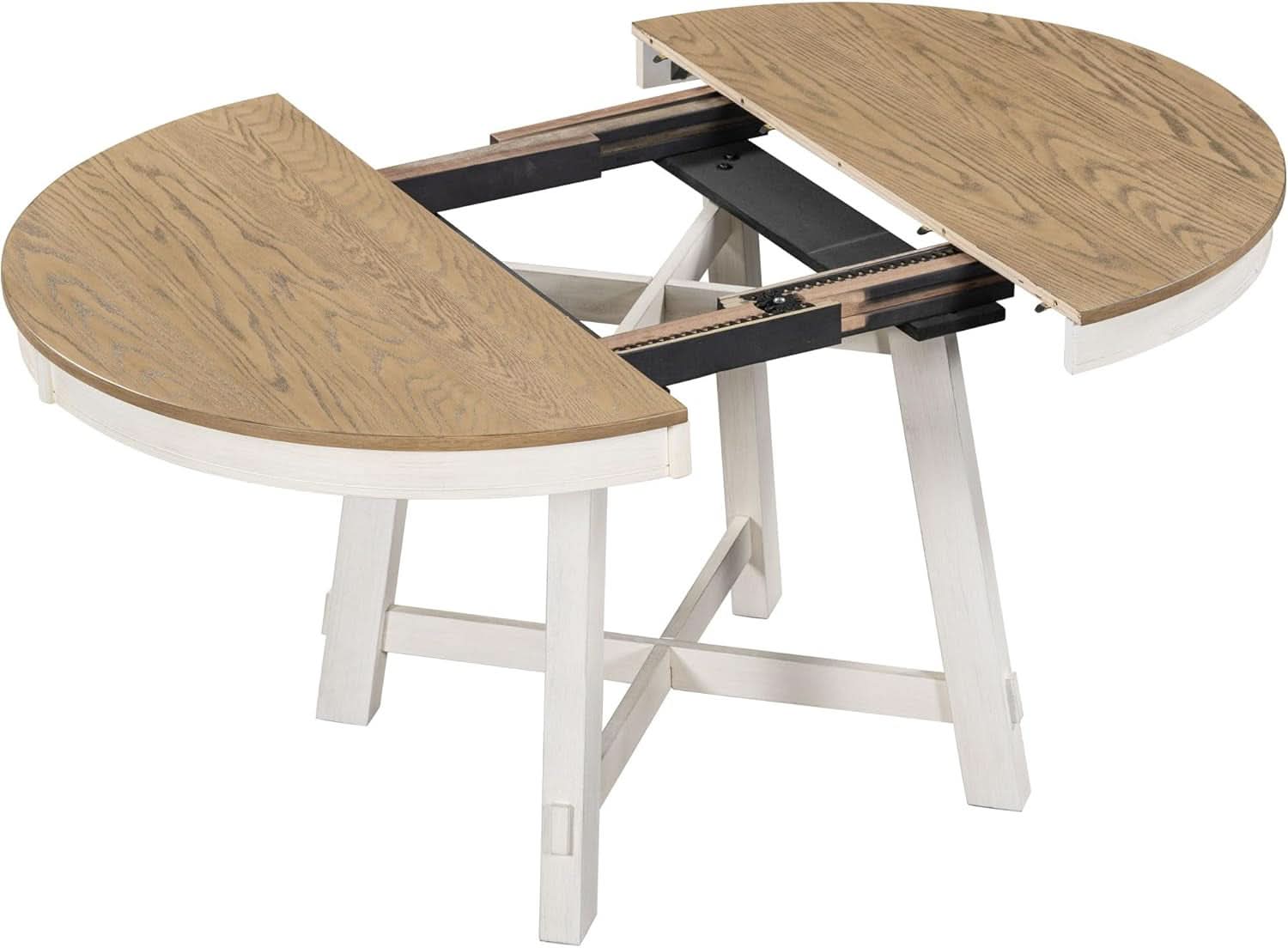 Farmhouse Round Extendable Dining Table Set Oak Finish with Upholstered Chairs