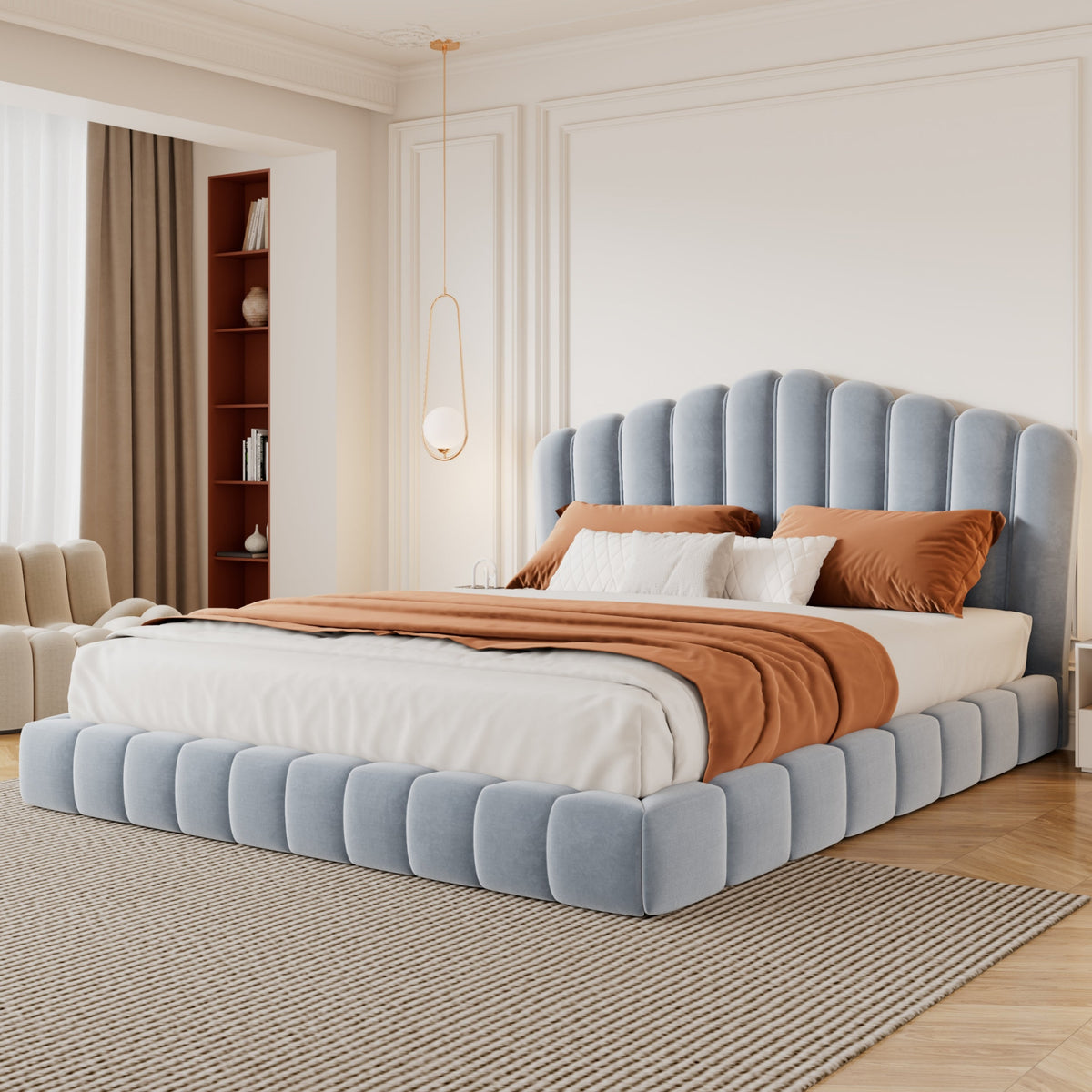 Velvet Upholstered Queen Bed Frame with Shell-Shaped Headboard