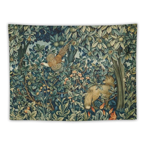 GREENERY, FOREST ANIMALS Pheasant And Fox Blue Green Floral Tapestry Tapestry