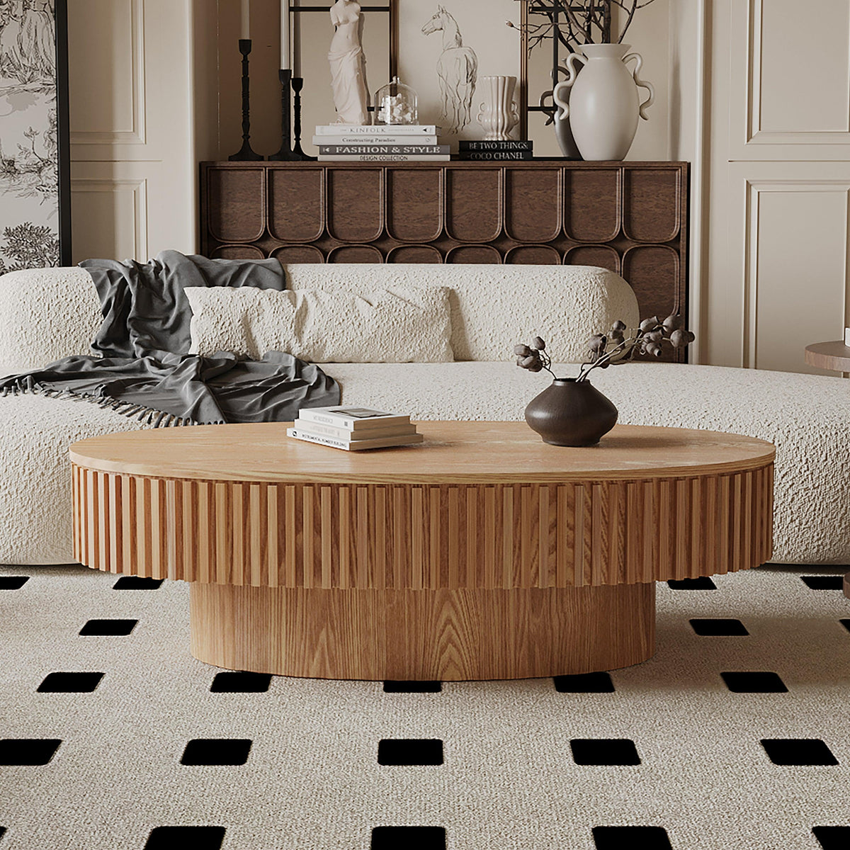 Modern Natural Wood Oval Coffee Table with Hidden Storage