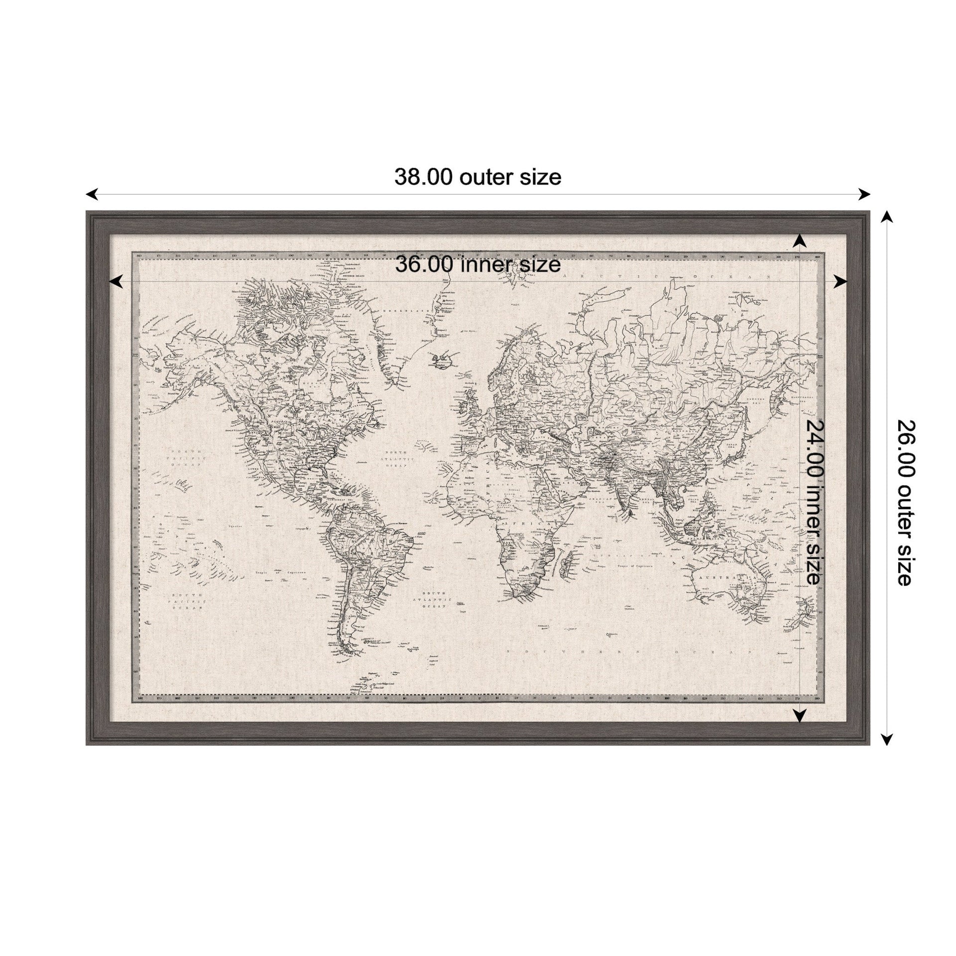 Framed Fabric Pinboard Vintage Black and White Linen World Map Wall Organization
