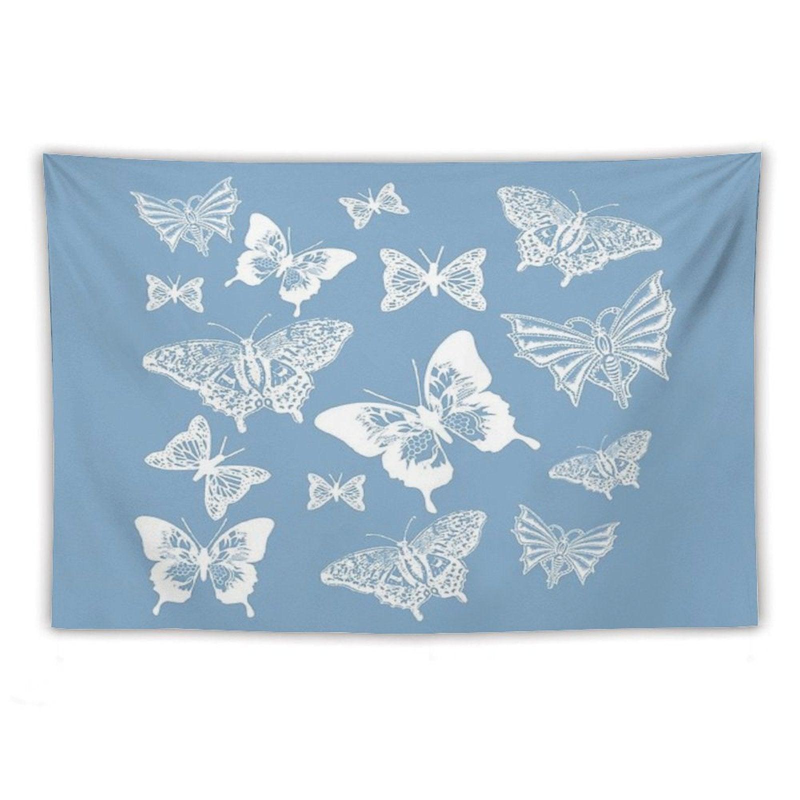 White Butterflies on Smoky Blue Grey Background Tapestry