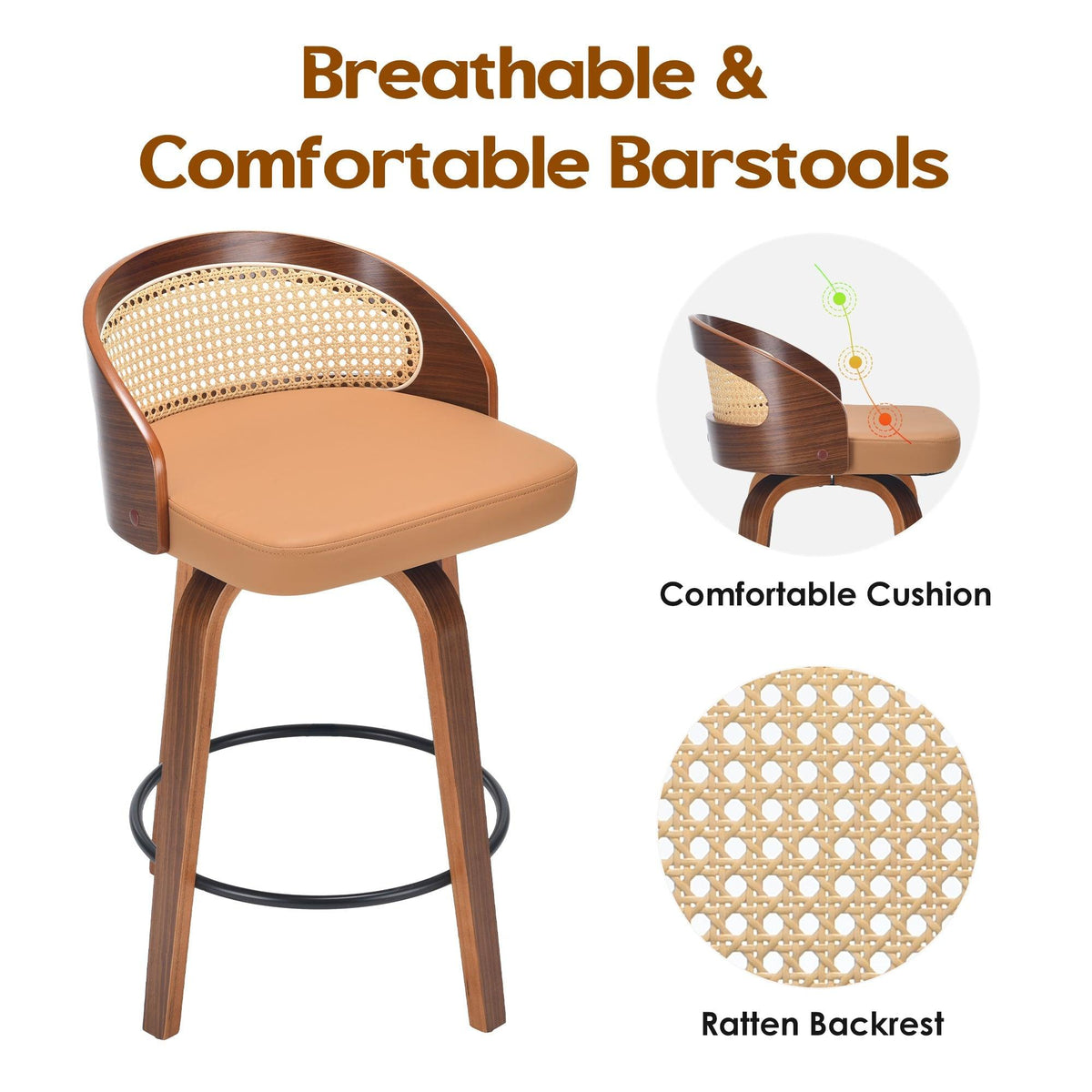 Modern Wood Frame with Rattan Back, Swivel Bar Stools Set of 2