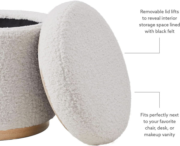 Cream Sherpa Deluxe Storage Ottoman Solidwood Base