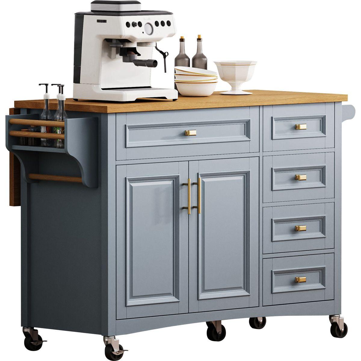 K&K 52'' Kitchen Island with Drop Leaf, Embossed Texture Kitchen Island on Wheels with Spice Rack, Towel Rack, 2 Doors and 5 Drawers, Kitchen Storage Cart with Adjustable Shelf for Kitchen, Blue Grey