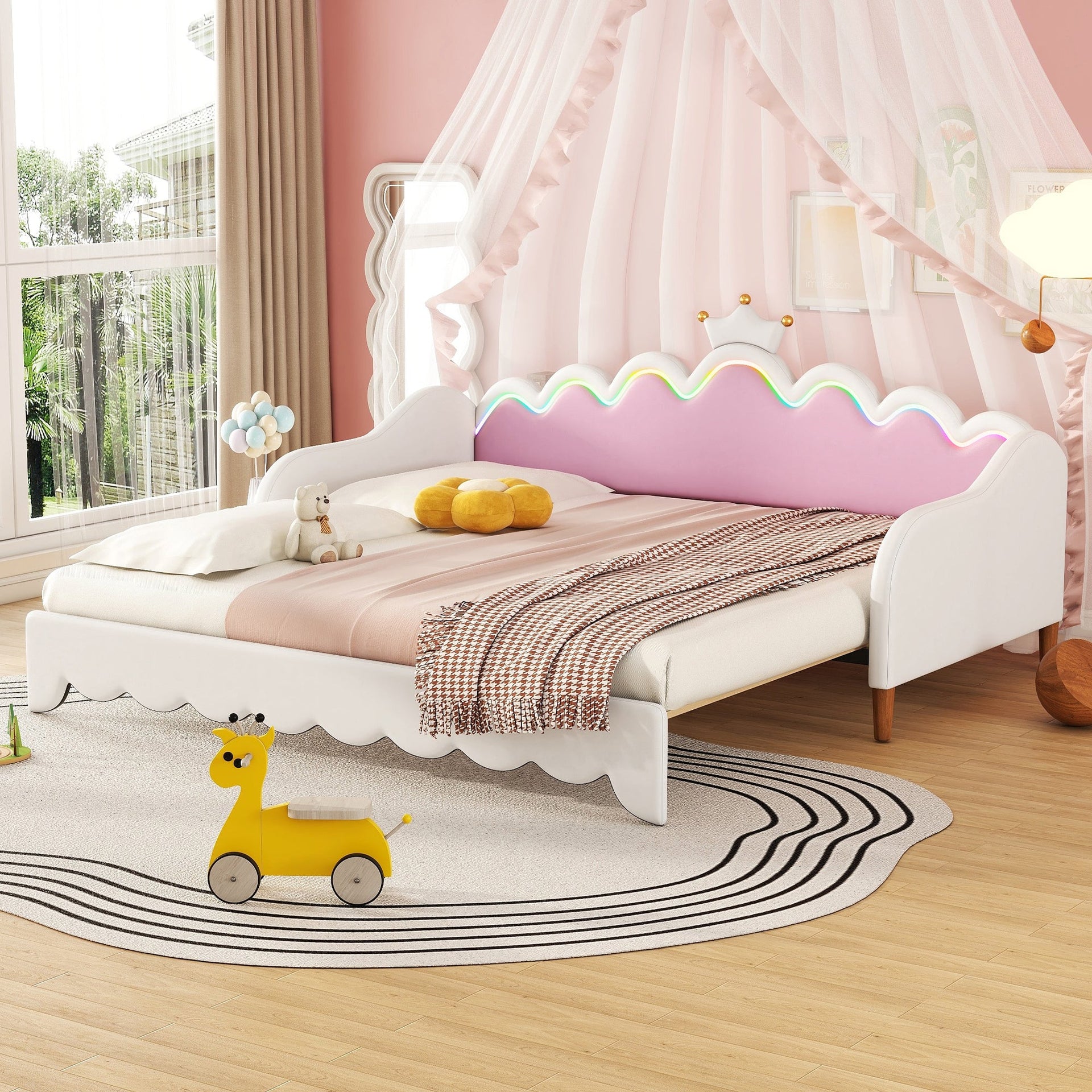 Twin Extending Daybed with LED Lights, Modern Upholstered Princess Daybed