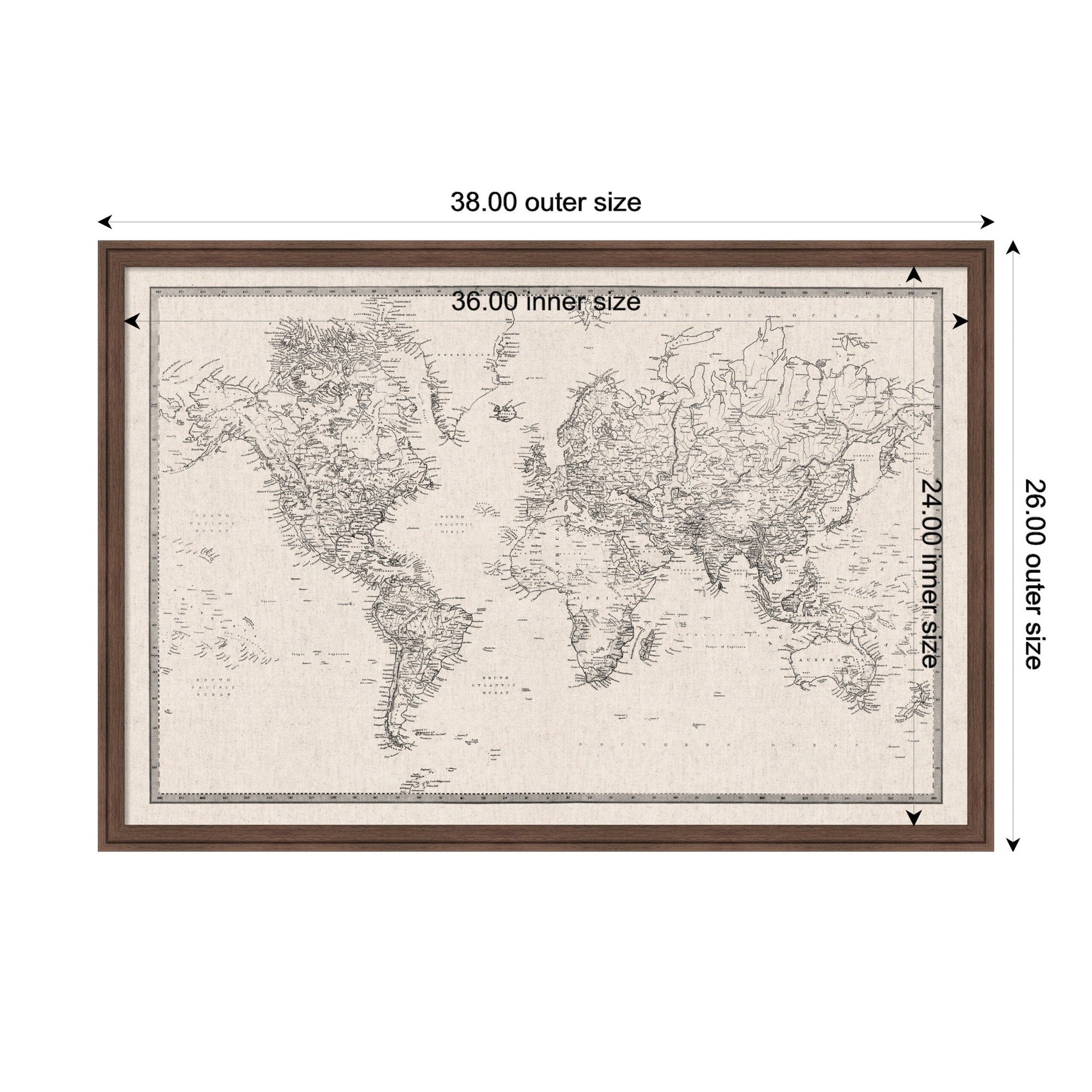 Framed Fabric Pinboard Vintage Black and White Linen World Map Wall Organization