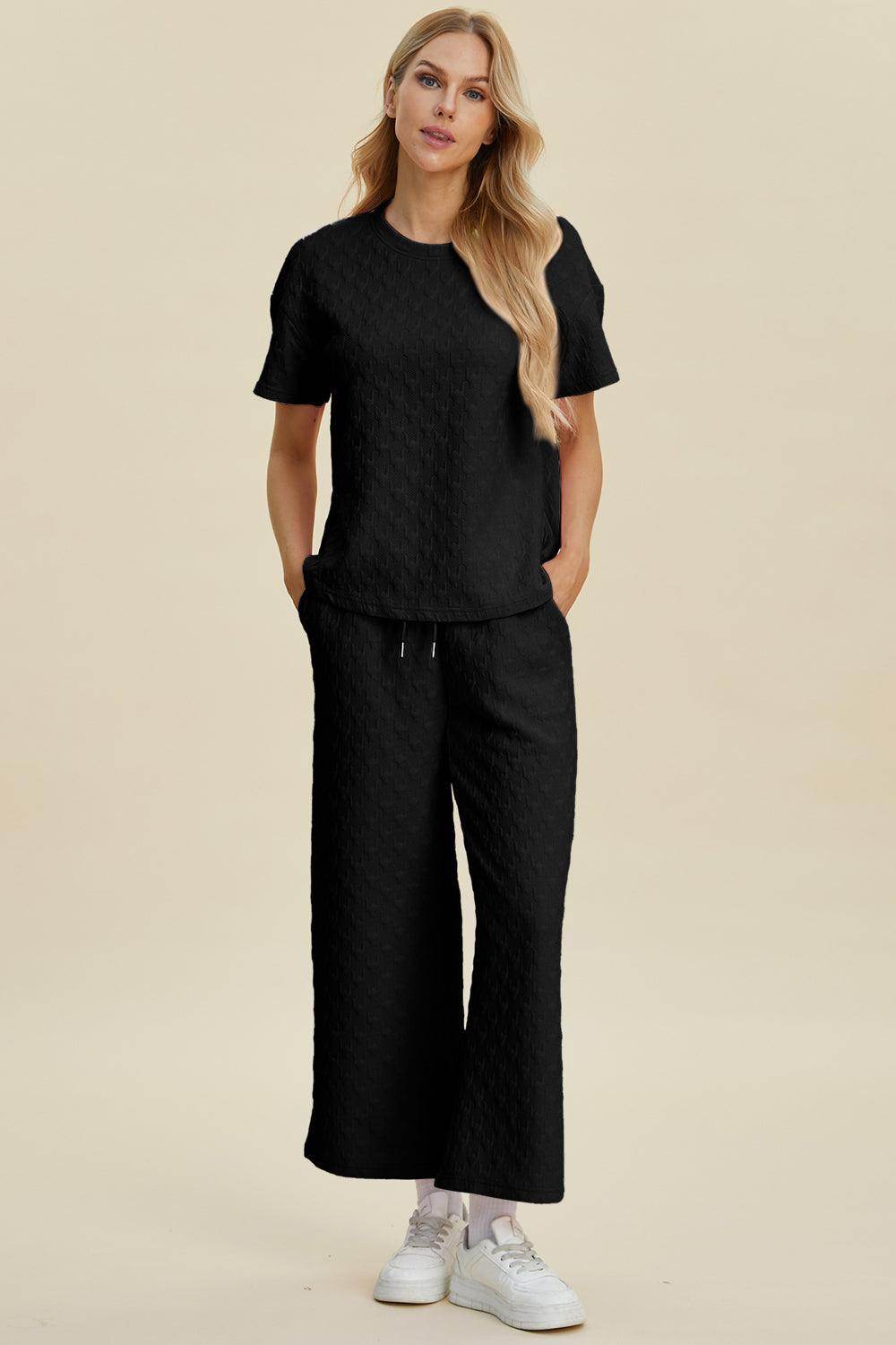 Double Take Full Size Texture Round Neck Top and Pants Set