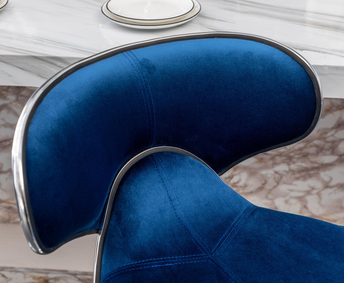 Blue Velvet Adjustable Swivel Bar Stools with Chrome Base & Footrest – Set of 2