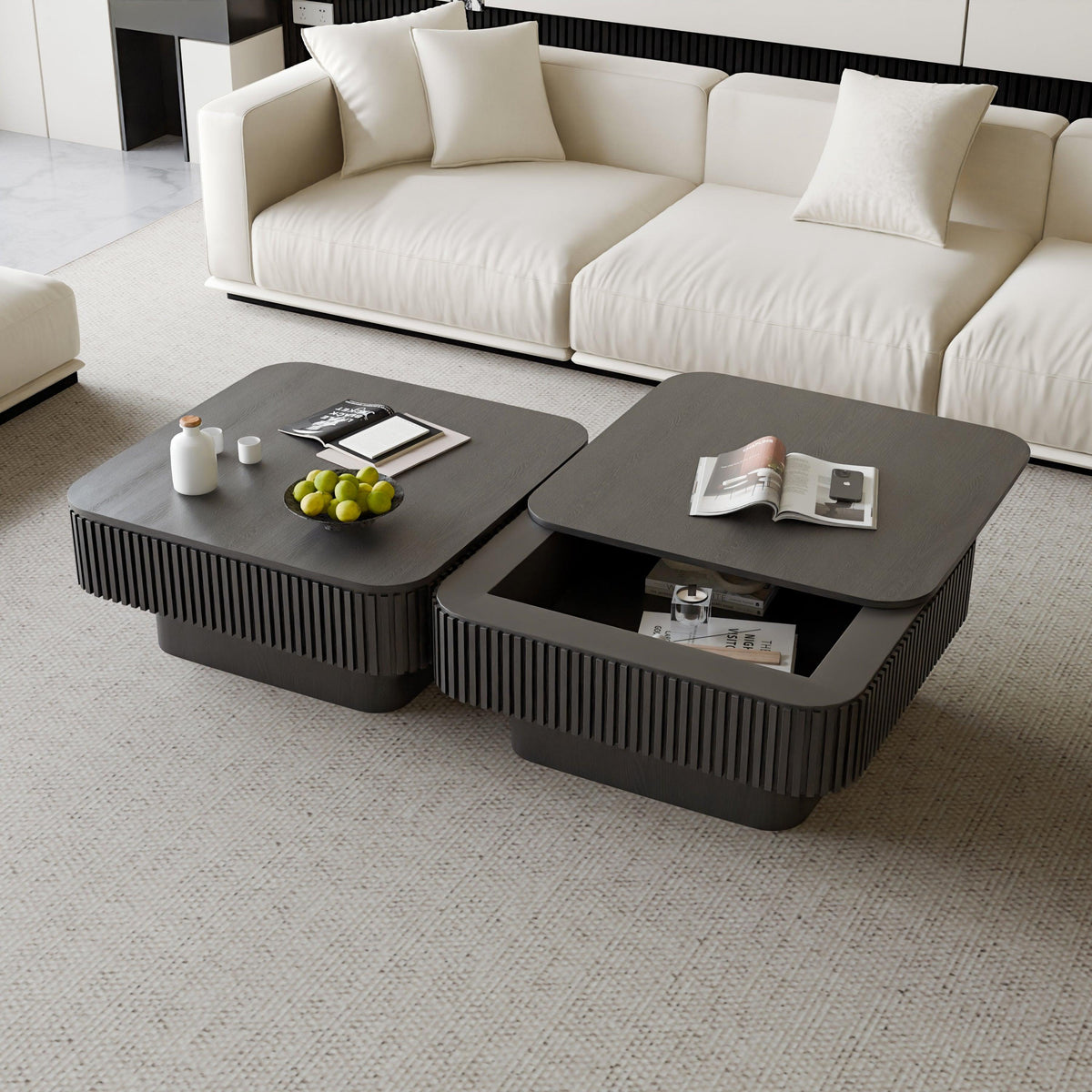 Modern Black Square Coffee Table with Hidden Storage