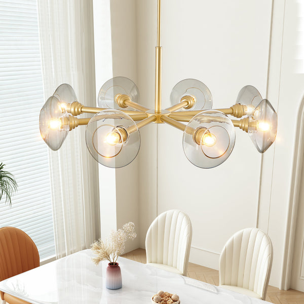 Modern Gold 8-Light Sputnik Chandelier with Clear Glass Shades, Mid-Century Hanging Pendant Light Fixture for Dining Room, Living Room, or Kitchen (Bulb Not Included)