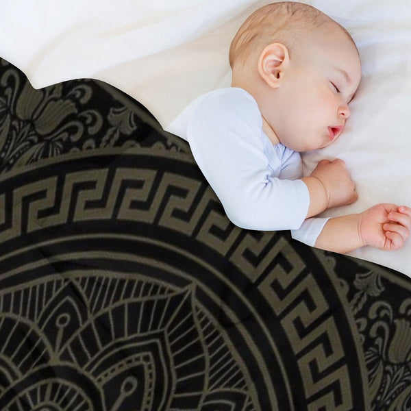 Ornate Baroque Army Green Black Meander Greek Key Flower Premium Throw Blanket