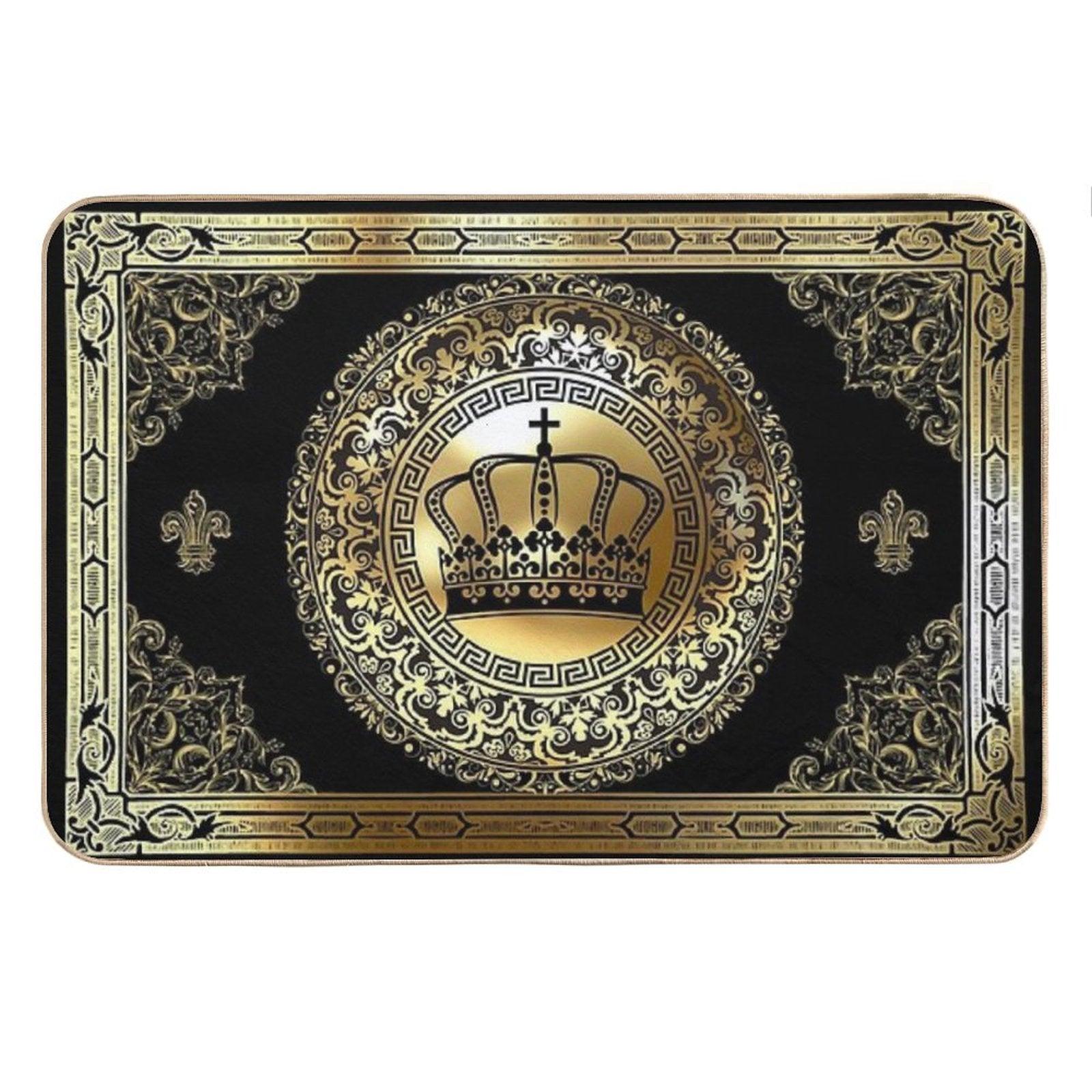 Ornate Baroque Crown Black Gold Greek Key Bath Mat