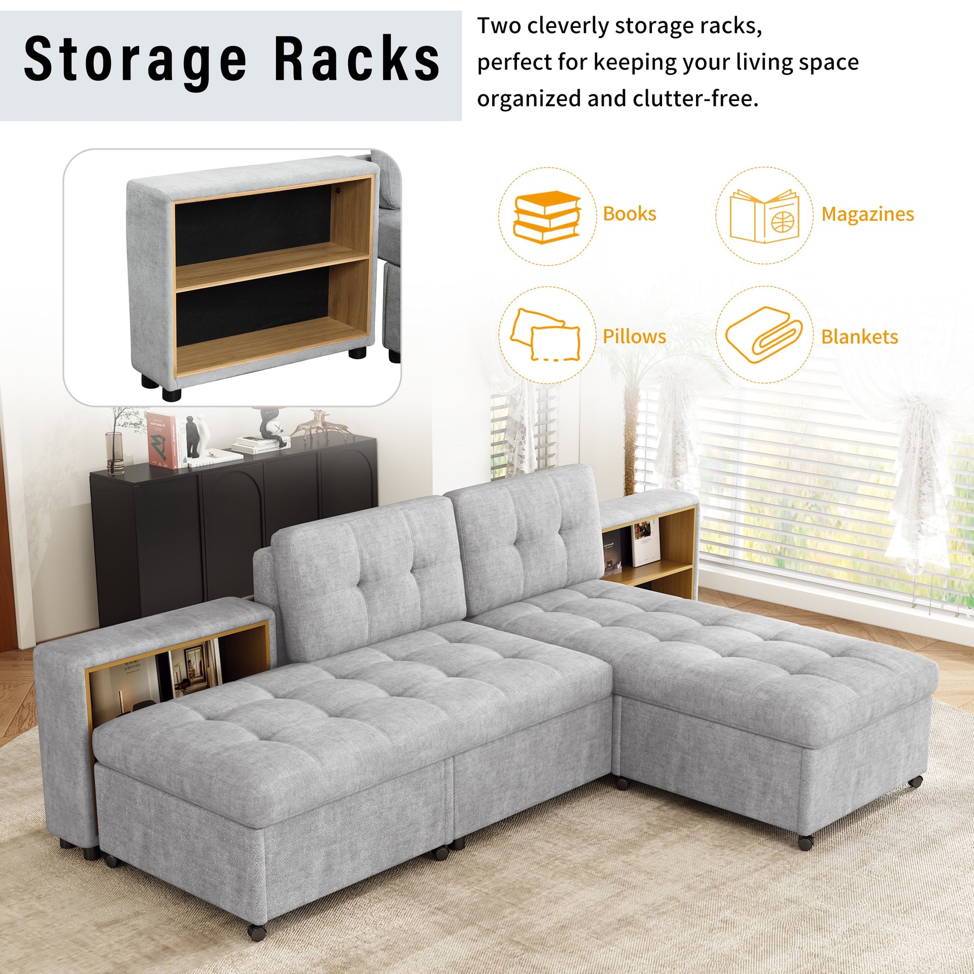 121.2' Versatile Sofa Bed Modular Sofa  Free-combined Sofa with Two Storage Racks,  Gray