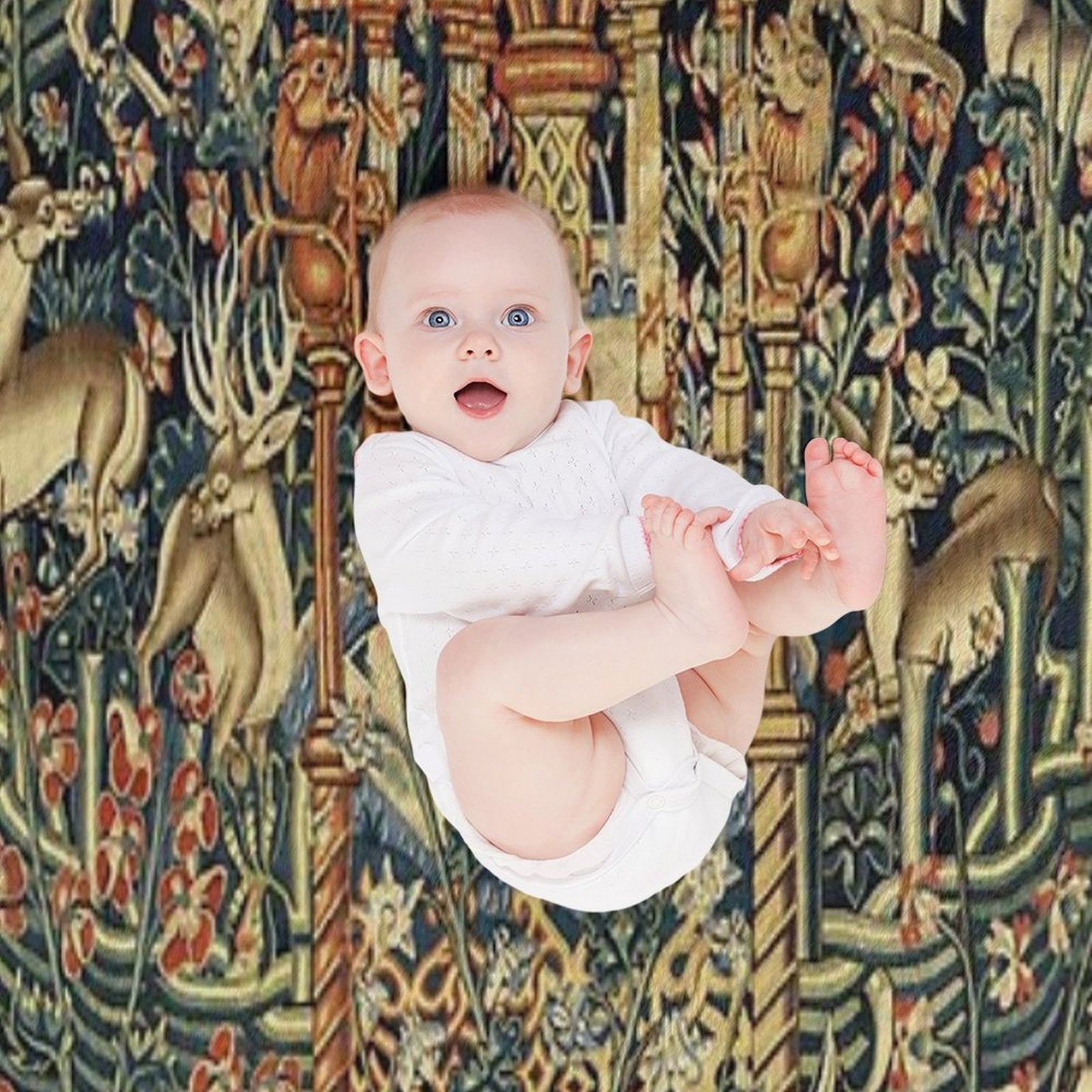 SOURCE OF LIFE Verdure with Forest Animals in Private Garden, Floral Medieval Tapesty Shrink-resistant Throw Blanket