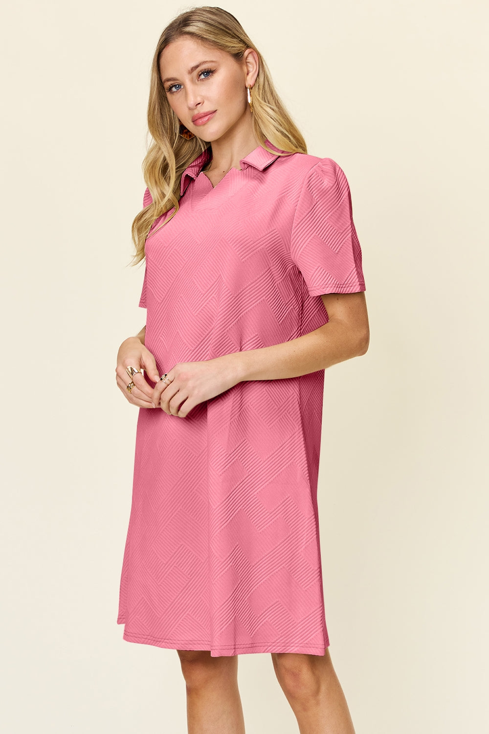 Double Take Full Size Texture Collared Neck Short Sleeve Dress Textured Dress For Women
