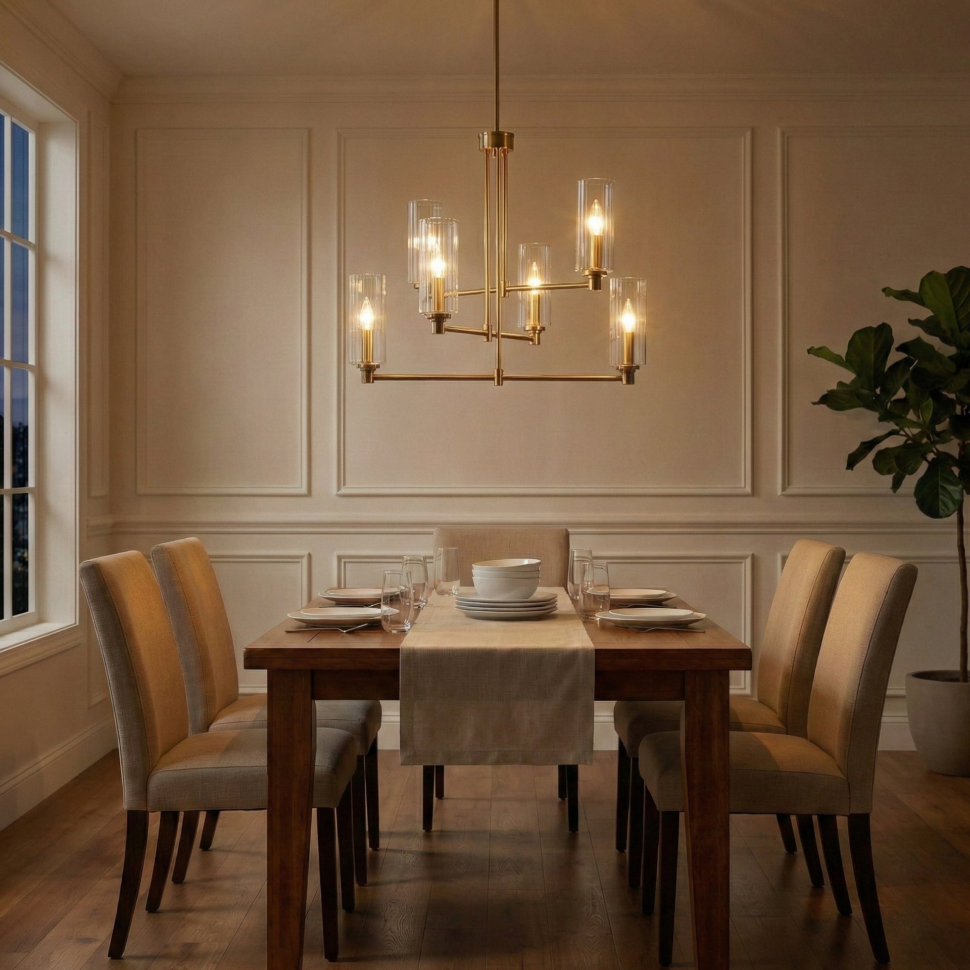 Timeless Six Lights Chandelier With Clear Ribbed Glass - Satin