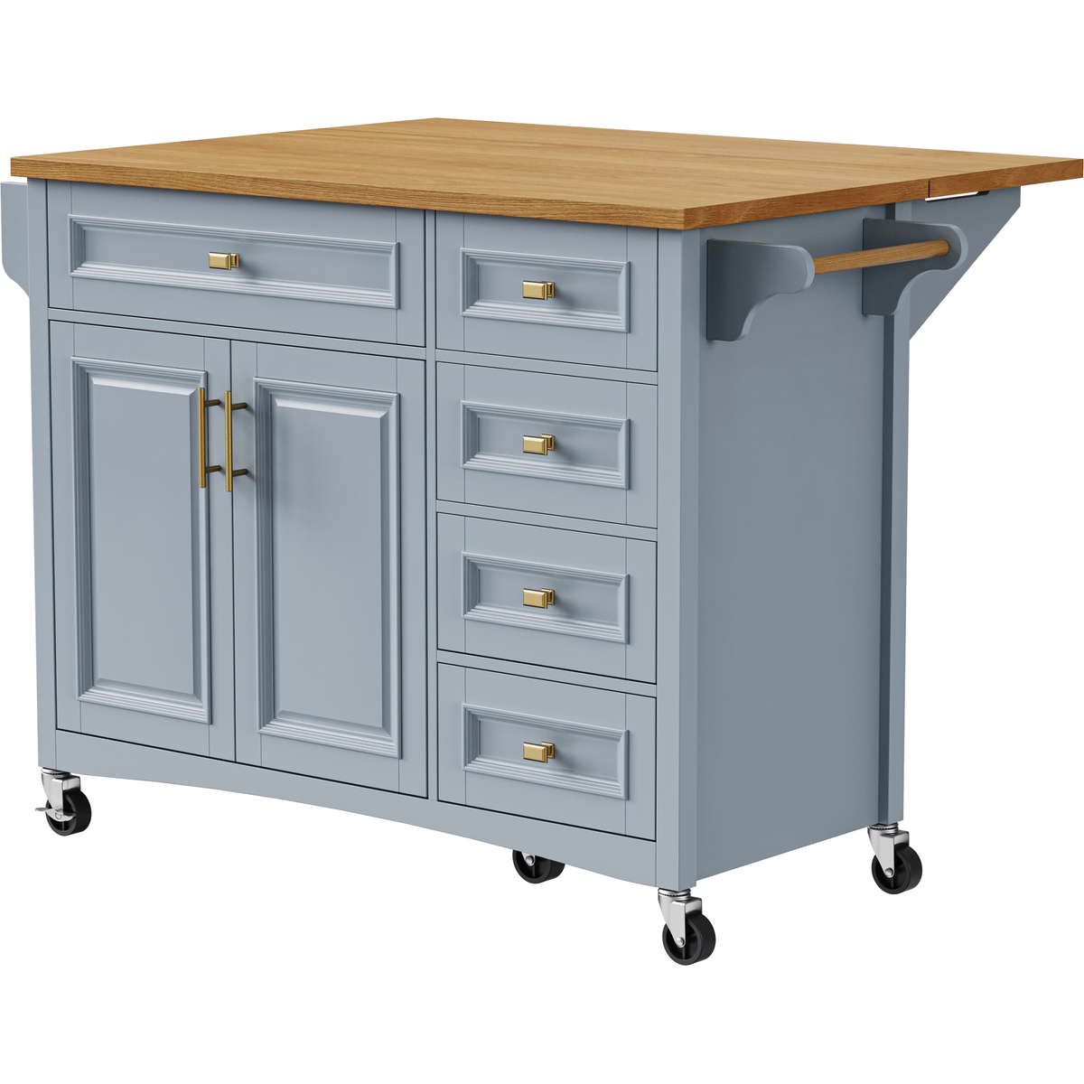 K&K 52'' Kitchen Island with Drop Leaf, Embossed Texture Kitchen Island on Wheels with Spice Rack, Towel Rack, 2 Doors and 5 Drawers, Kitchen Storage Cart with Adjustable Shelf for Kitchen, Blue Grey