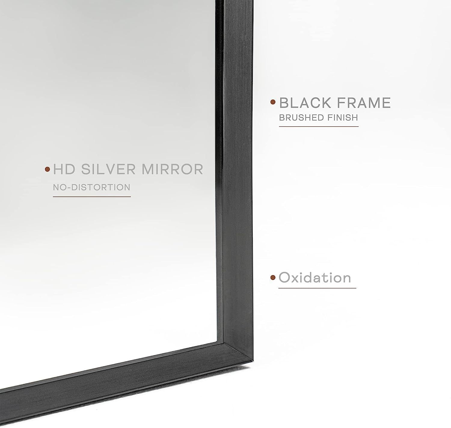 Close-up of 24x36 Inch Black Metal Framed Arched Wall Mirror highlighting its brushed black frame, HD silver mirror, and oxidation-resistant finish.