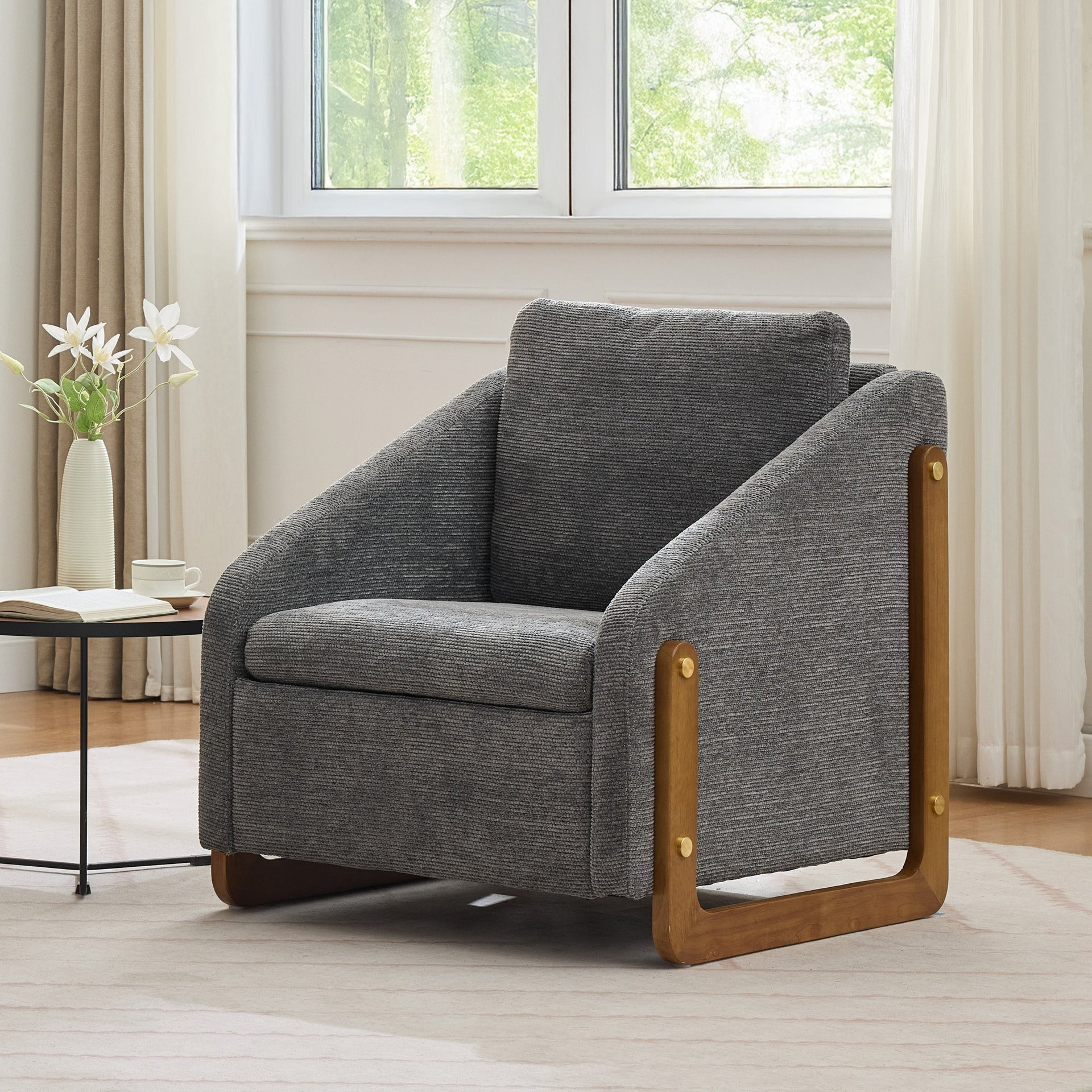 Modern Chenille Upholstered Armchair with Wooden Side Frame in Gray