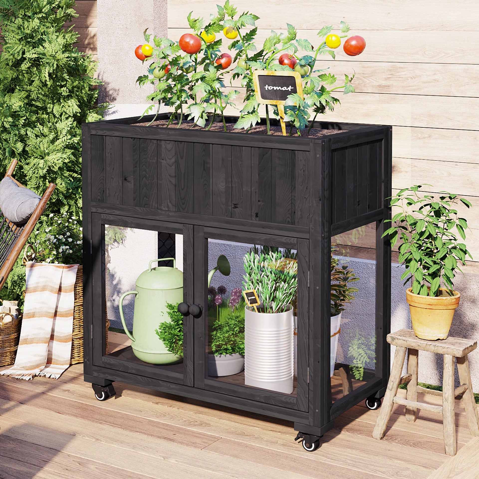 Patio 35.4''x17.7''x37.4'' Mini Wood Cold Frame, Compact 2 Doors Garden Greenhouse with Wheels, Raised Bed with Liner for Indoor Outdoor Use, Black