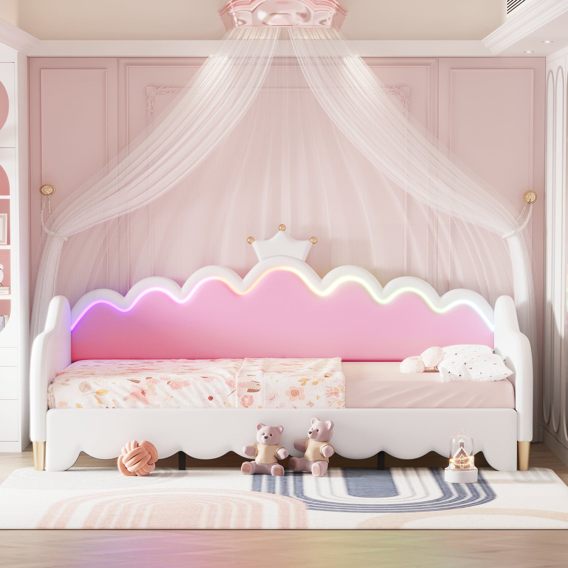 Twin Extending Daybed with LED Lights, Modern Upholstered Princess Daybed