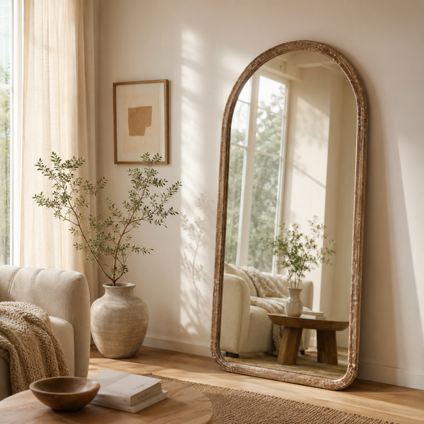 Arched Full Length Wall Mirror with Mango Wood Frame, 36x72