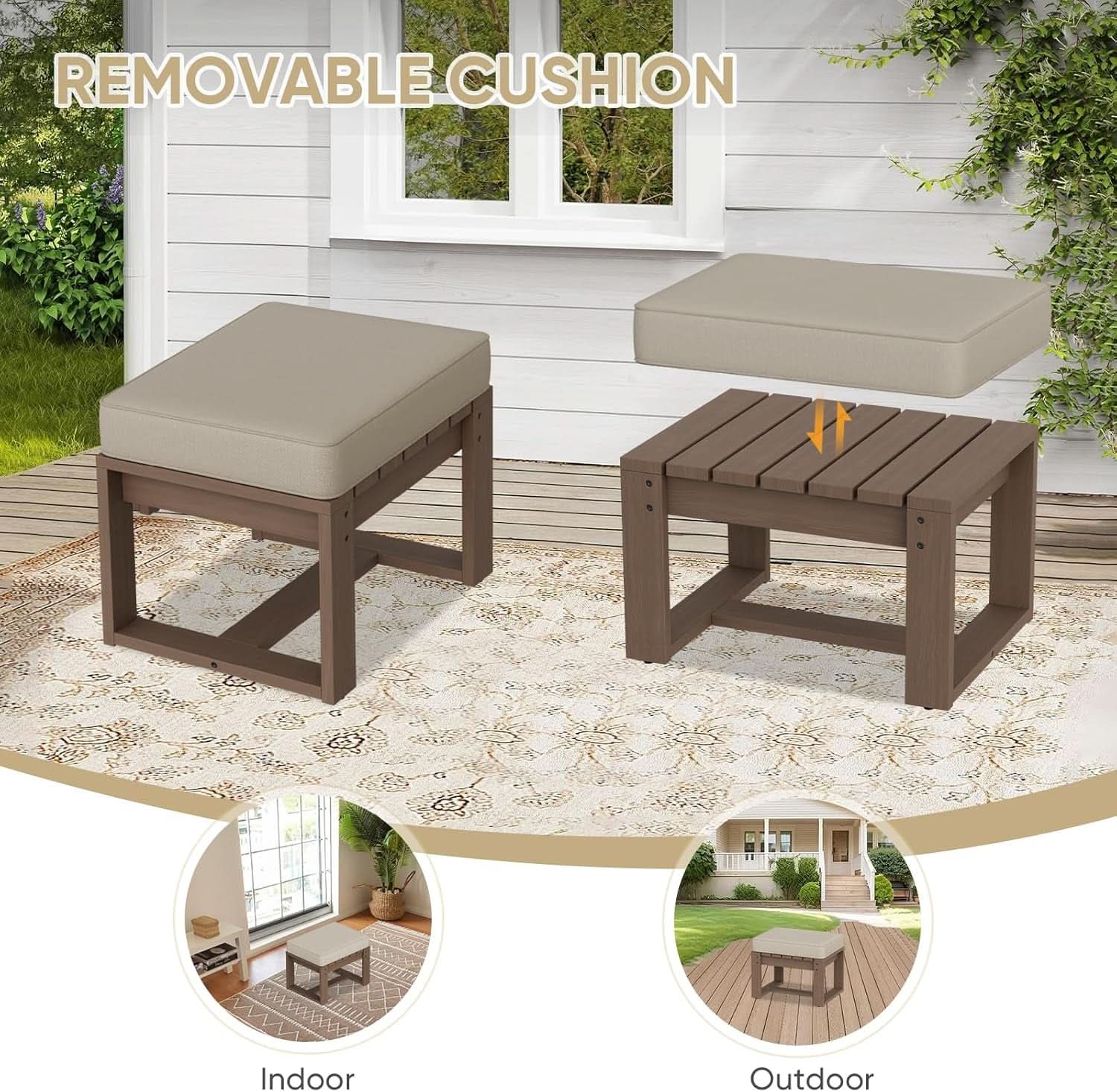 Natural Cedar Outdoor Patio Ottomans Removable Cushions