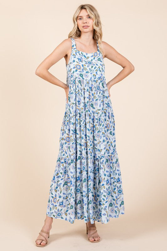 New Flower Print Tiered Sleeveless Empire Maxi Dress – Elegant, Playful and Feminine Floral Maxi Dress with Whimsical Layers